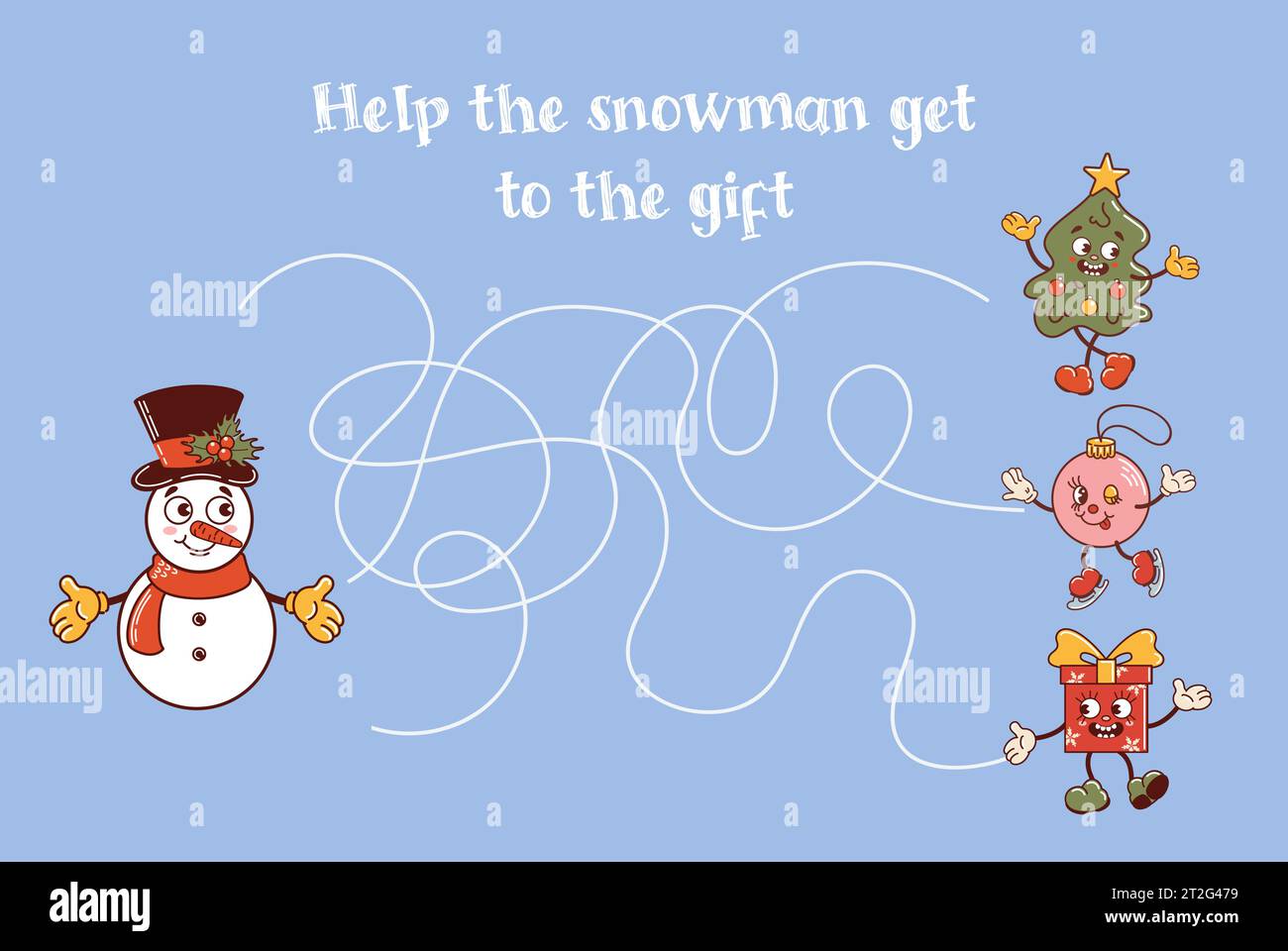 Gioco educativo natalizio per bambini. Aiuta Snowman a trovare un regalo. Danza sull'albero di Natale, la palla è pattinare. Simpatici personaggi in stile cartoni animati retrò. gioco Illustrazione Vettoriale