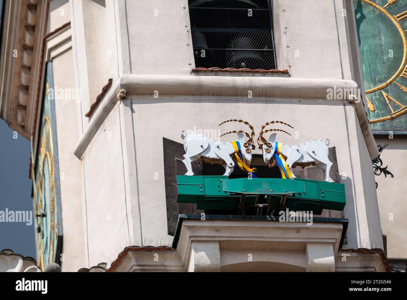 La testa meccanica delle capre si snoda in uno spettacolo quotidiano alla torre dell'orologio del municipio di Poznan. Foto Stock