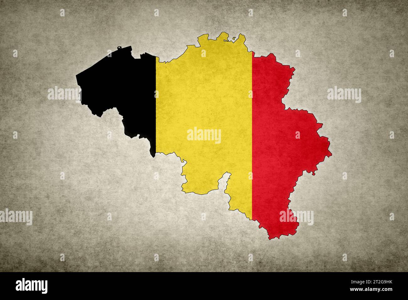 Mappa grunge del Belgio con la sua bandiera stampata all'interno del suo confine su un vecchio foglio. Foto Stock