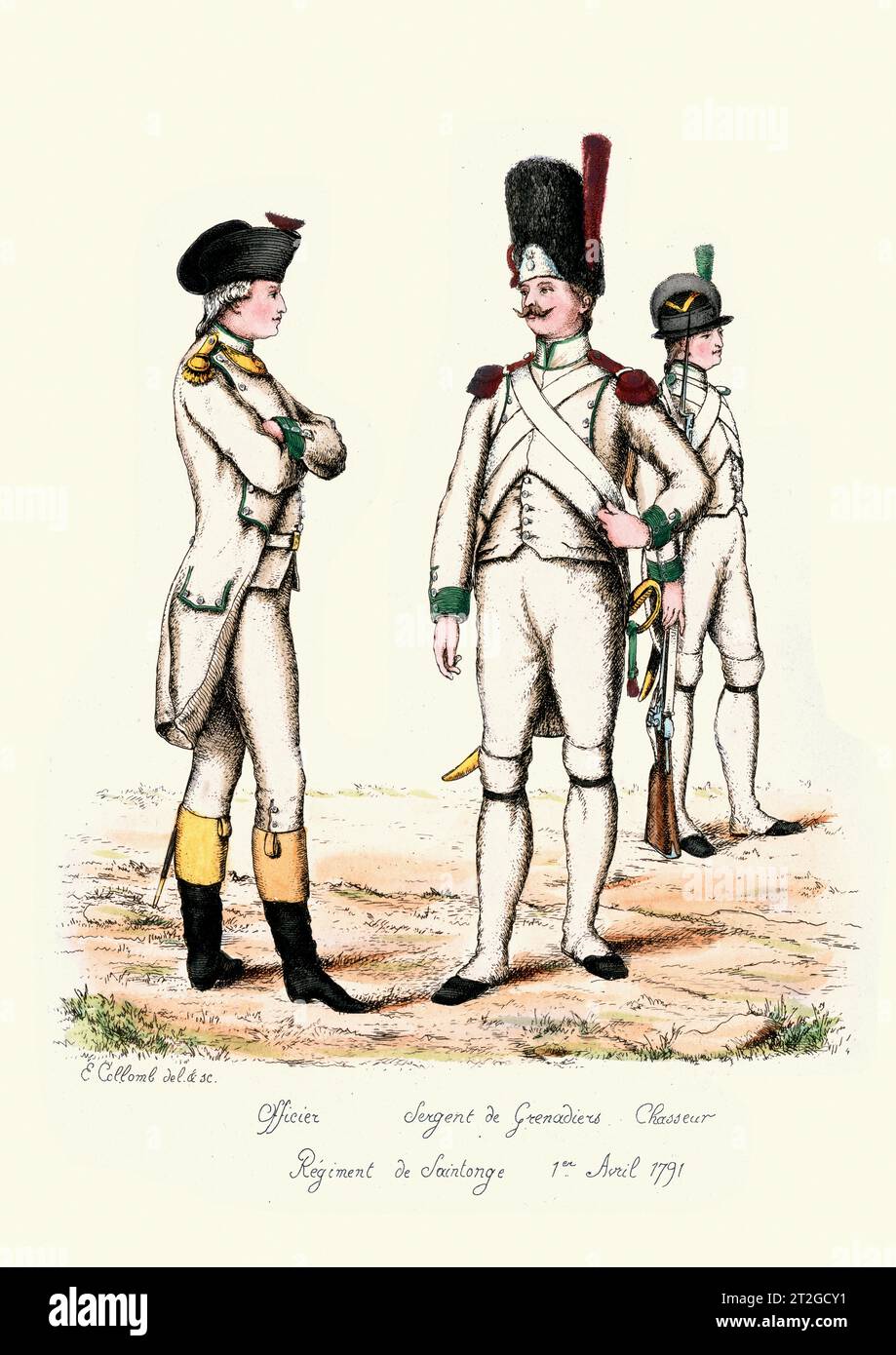 Uniformi militari francesi, XVIII secolo, storia, solidi di fanteria, ufficiale, sergente del granatiere, Chasseur, reggimento di Saintonge Foto Stock