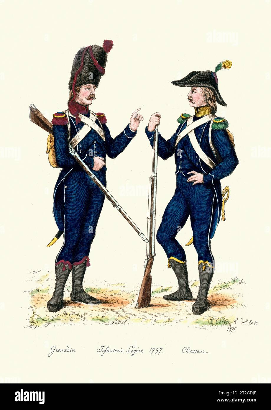 Uniformi militari francesi, fine XVIII secolo, storia, soldato di fanteria di linea, granatiere, Chasseur, 1793, reggimento di Saintonge Foto Stock