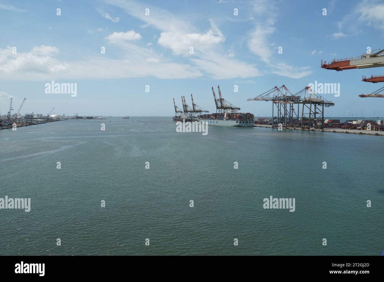 Porto di Kingston con enormi navi container sotto gru a cavalletto durante le operazioni di carico. Foto Stock