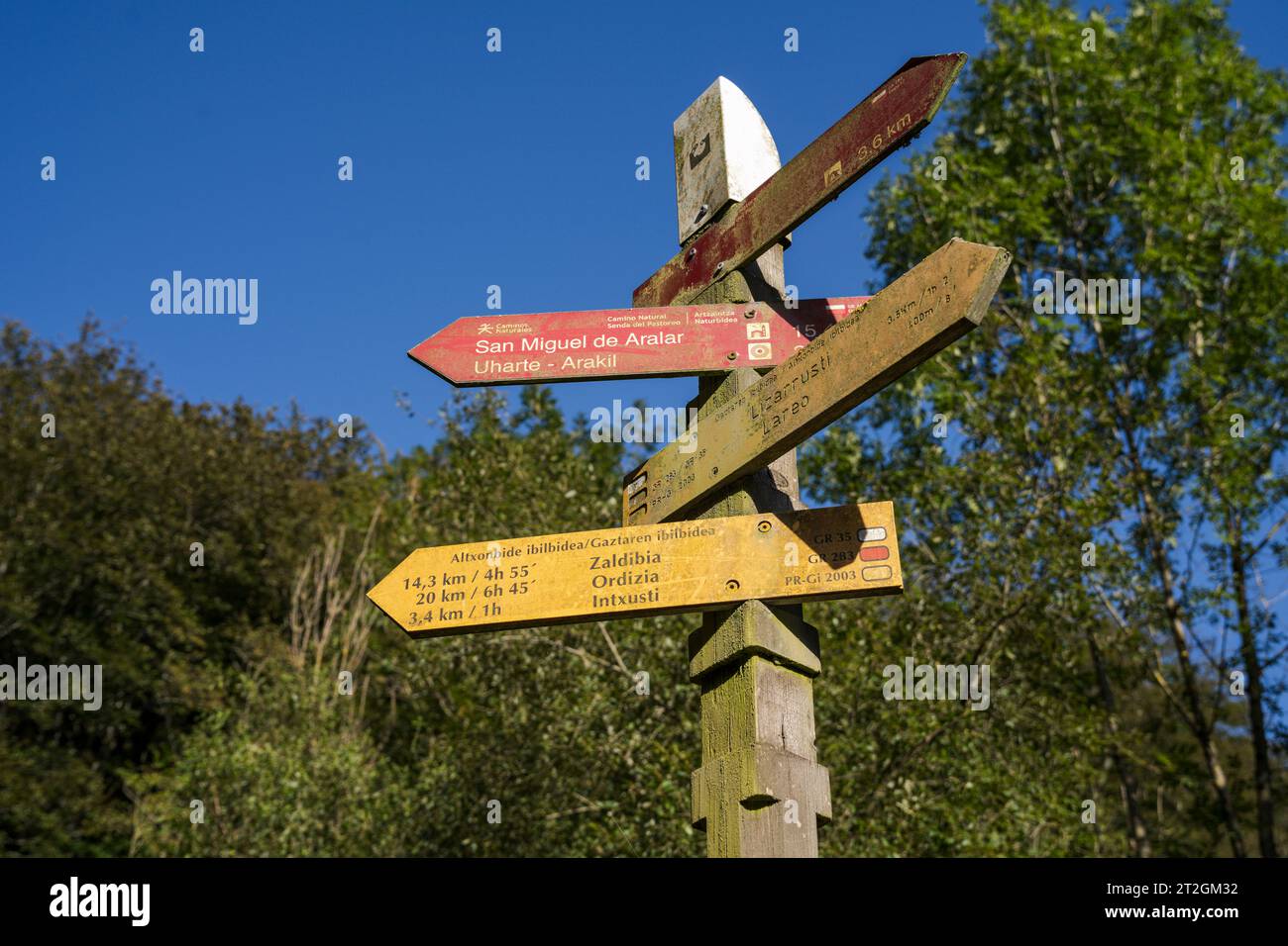 Colonna con indicatori di direzione, sentiero GR 20 - percorso circolare per Aralar, parco naturale Aralar, Guipuzcoa-Navarra, Spagna Foto Stock