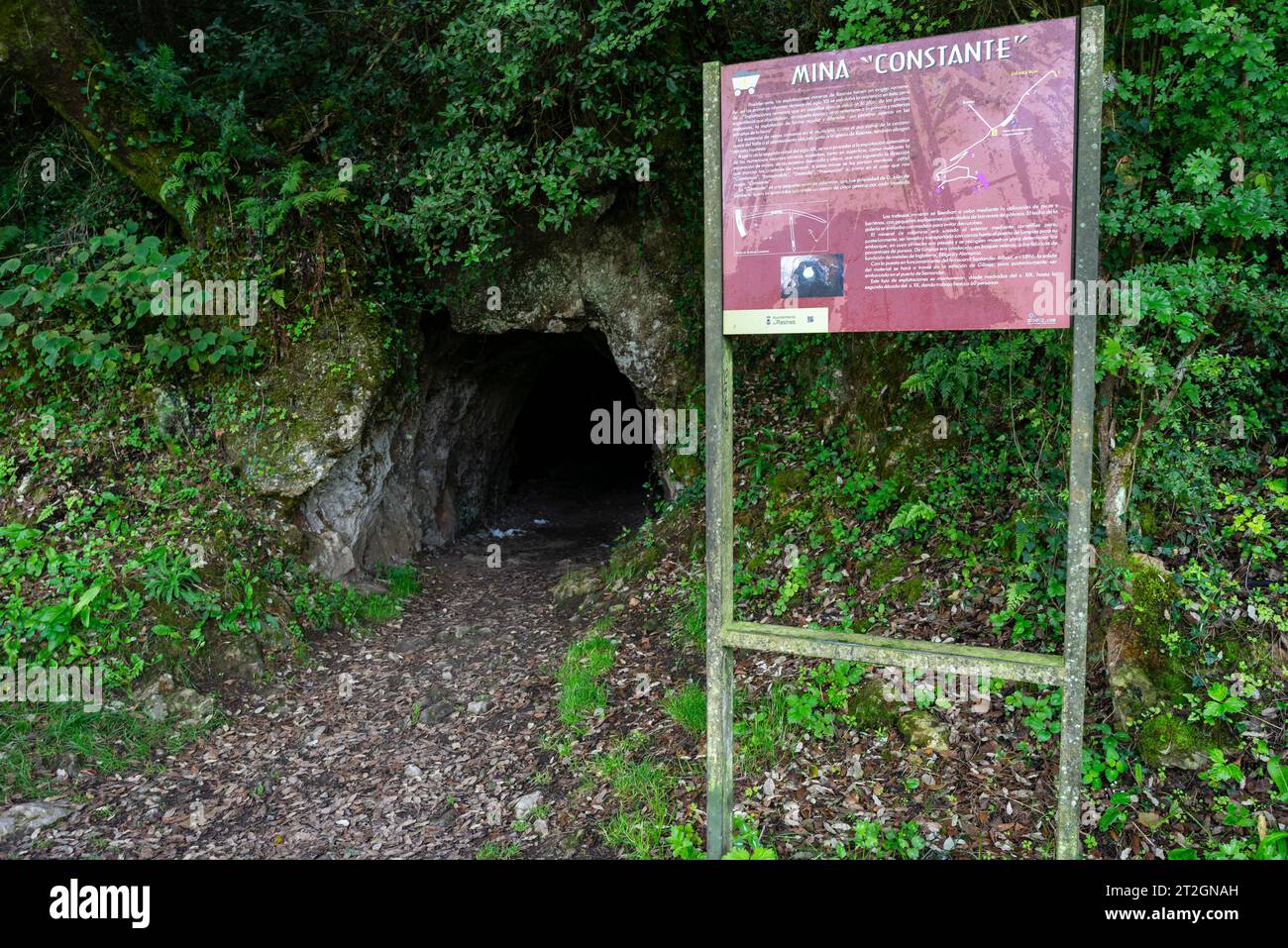 Foce di una vecchia miniera, miniera di costante, Parco Paleolitico della Cueva del Valle, Rasines, Cantabria, Spagna Foto Stock