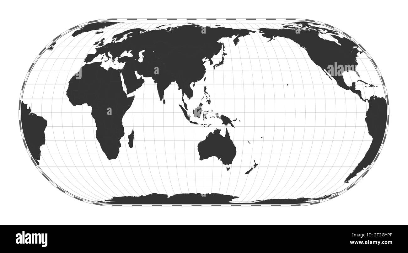 Mappa vettoriale del mondo. Proiezione Eckert IV. Mappa geografica del mondo pianeggiante con linee di latitudine e longitudine. Centrato a 120 gradi di longitudine W. Illustr. Vettoriale Illustrazione Vettoriale