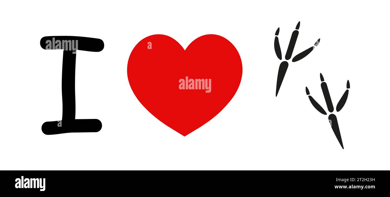 Mi piacciono gli uccelli, gli animali. Forma a cuore rosso e impronta di zampa di uccello. Simbolo dell'amore per gli uccelli, PET. Vettore isolato. Cartolina, emblema, icona, stampa, tessuto, cancelleria, adesivo. Mi piacciono i corvi. Mi piacciono le colombe Illustrazione Vettoriale