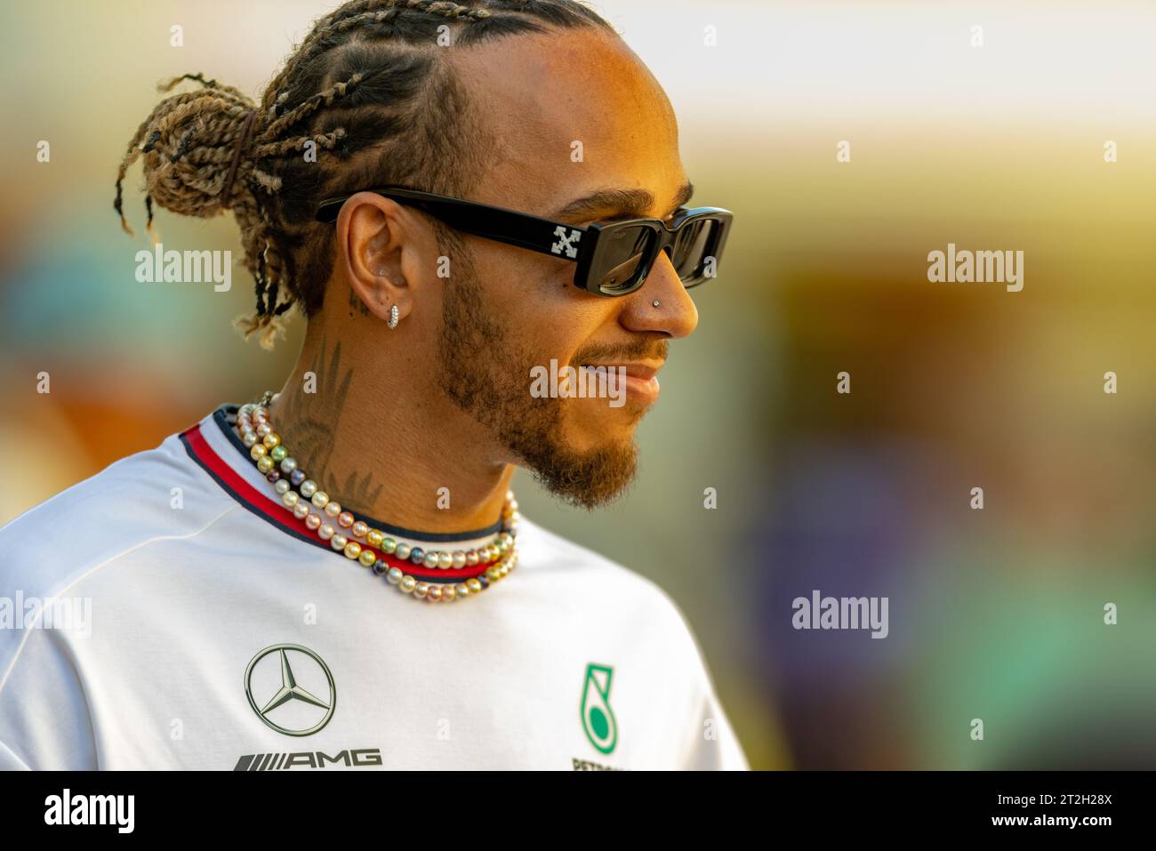 Austin, Texas - 19 ottobre 2023: Lewis Hamilton, pilota della Mercedes-AMG PETRONAS F1 Team n. 44, gareggia nel Gran Premio degli Stati Uniti di Lenovo sul circuito delle Americhe. Crediti: Nick Paruch/Alamy Live News Foto Stock