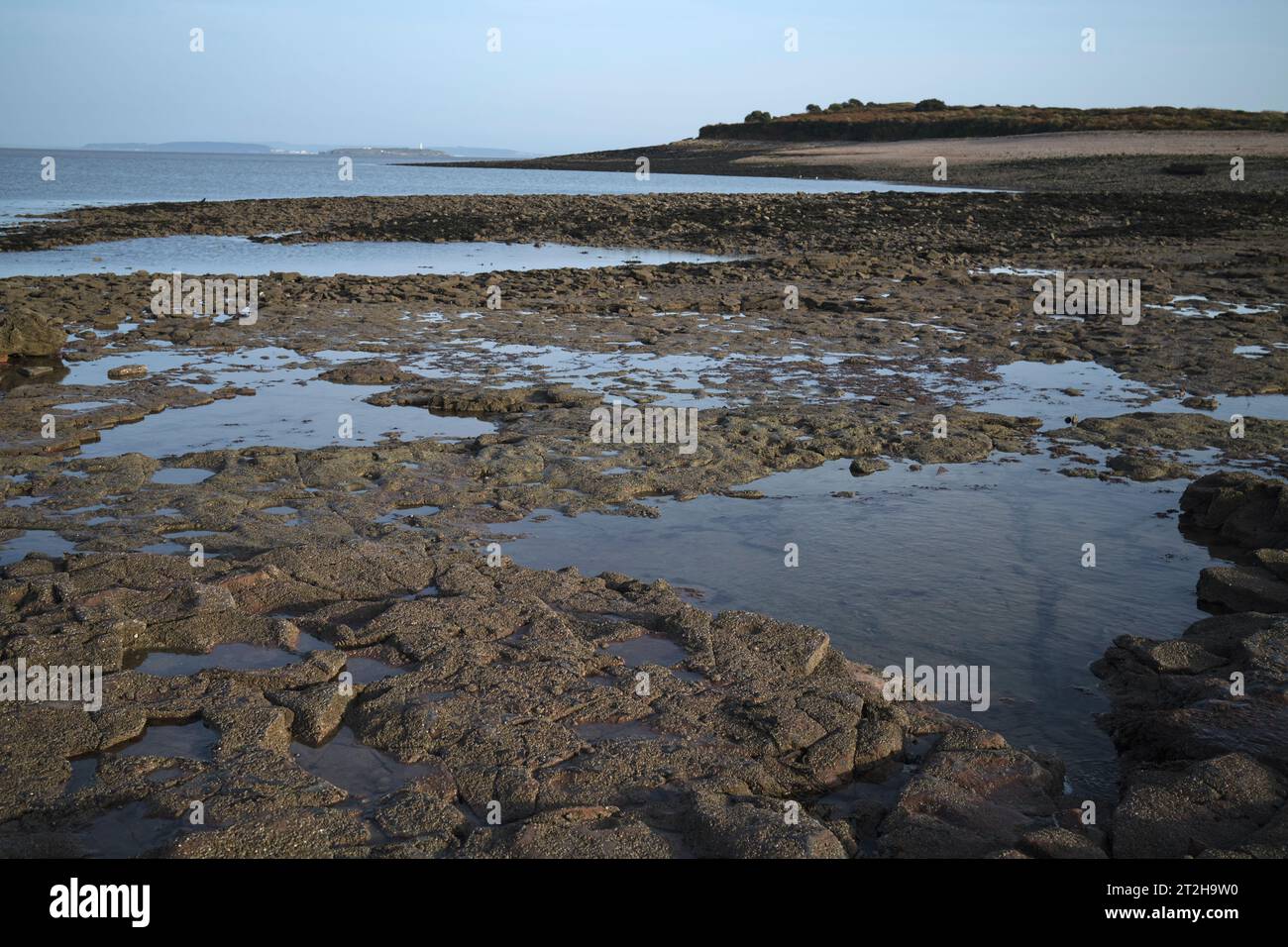 Piscine rocciose sulla strada rialzata che conducono a Sully Island vicino a Penarth, Galles del Sud, Regno Unito Foto Stock