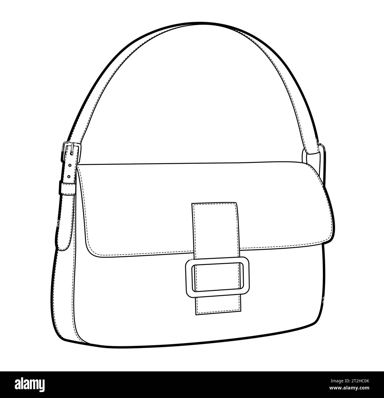 Borsa baguette con silhouette a gomito. Illustrazione tecnica degli accessori moda. Borsa a mano vettoriale frontale vista a 3-4° per uomo, donna, unisex, borsetta piatta con disegno CAD isolato Illustrazione Vettoriale
