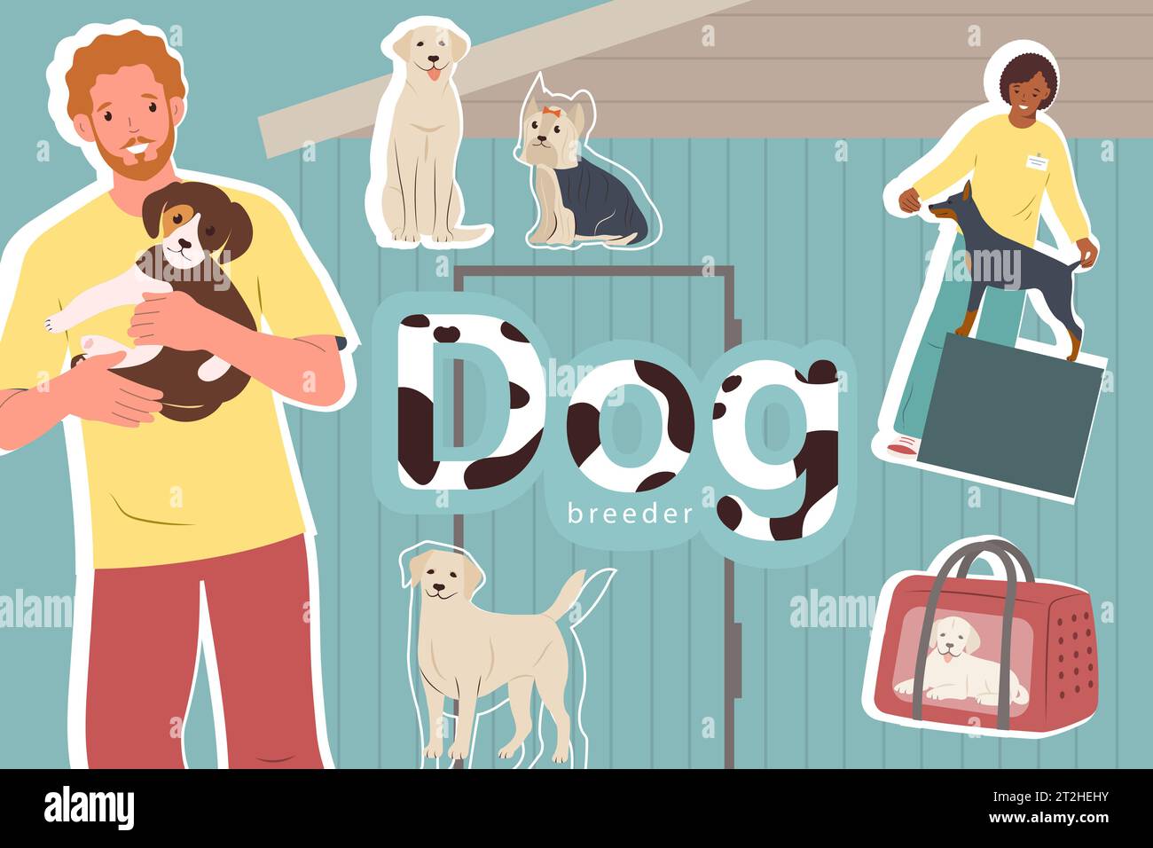 Collage aziendale di allevatori di cani con icone piatte di animali con i loro maestri umani e illustrazioni vettoriali di trasportini per animali Illustrazione Vettoriale