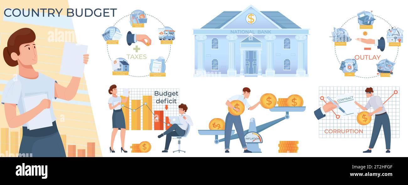 Budget paese governo composizione piatta con carattere femminile che contiene documenti e serie di icone finanziarie isolate illustrazione vettoriale Illustrazione Vettoriale