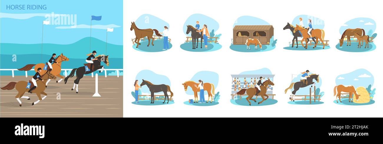 Composizione piatta di persone che praticano equitazione e si prendono cura degli animali domestici illustrazione vettoriale isolata Illustrazione Vettoriale