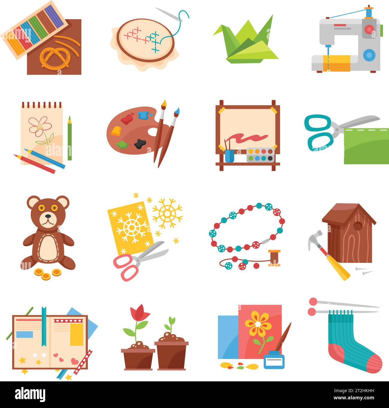 Hobby icone piatte set con cucire origami fare e bading isolato vettore illustrazione Illustrazione Vettoriale