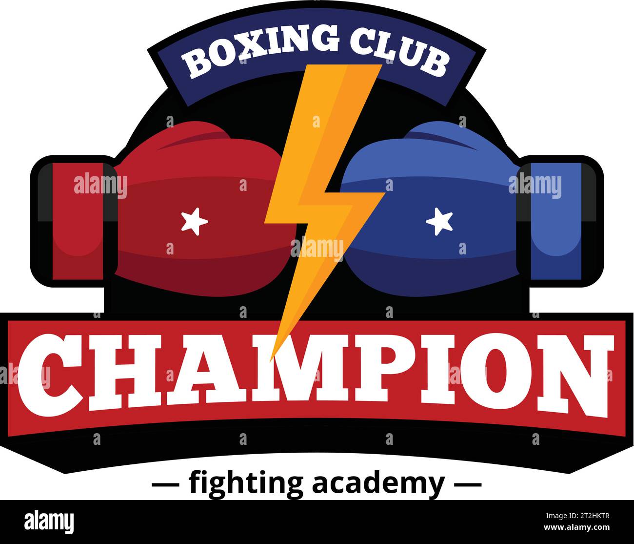 Combatti accademia boxe Champions club logo design in blu e rosso con oro fulmine piatto astratto illustrazione vettoriale Illustrazione Vettoriale