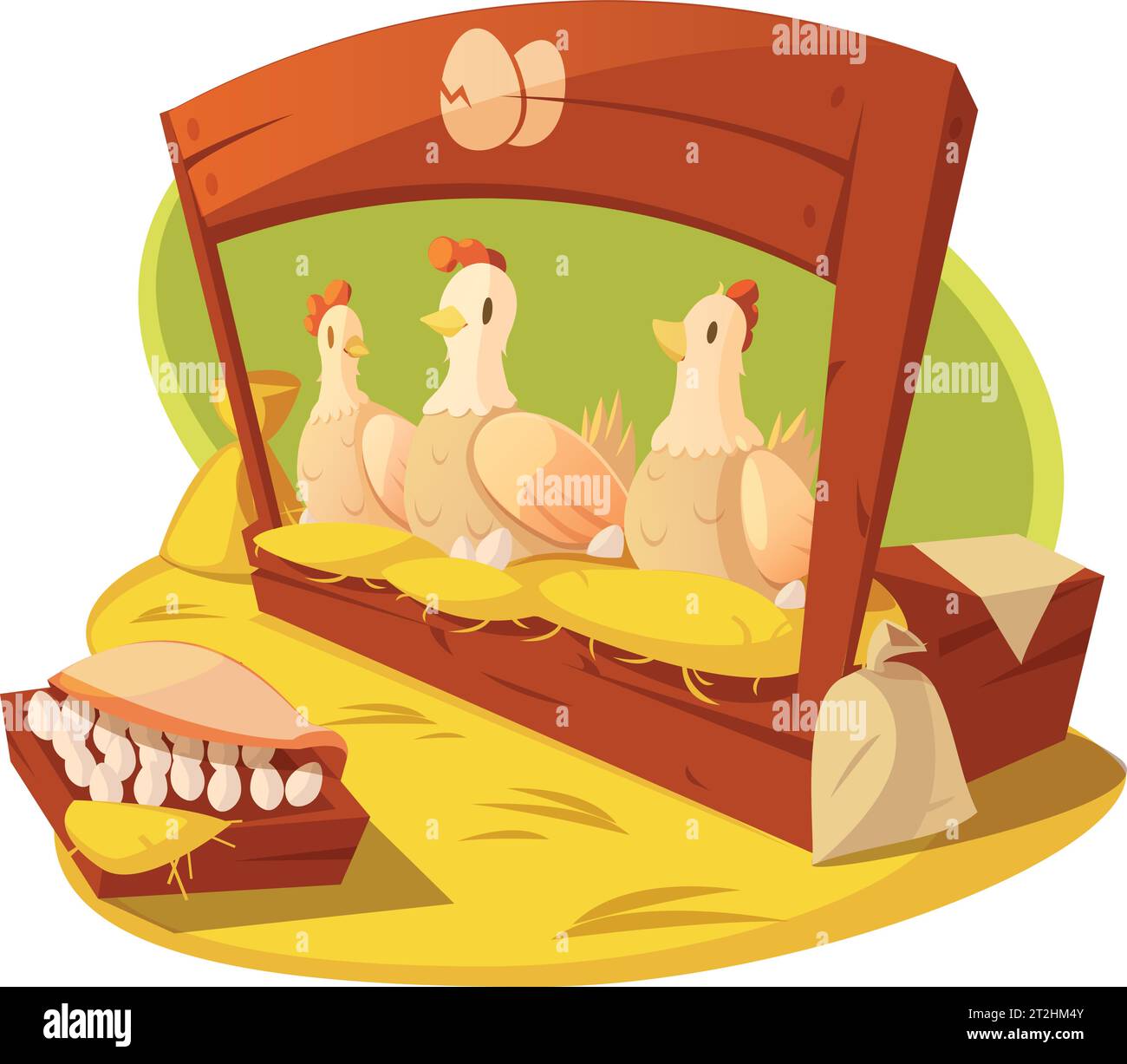 Gallina e uova in una fattoria con fieno e sacchi di grano per alimentare illustrazione vettoriale Illustrazione Vettoriale