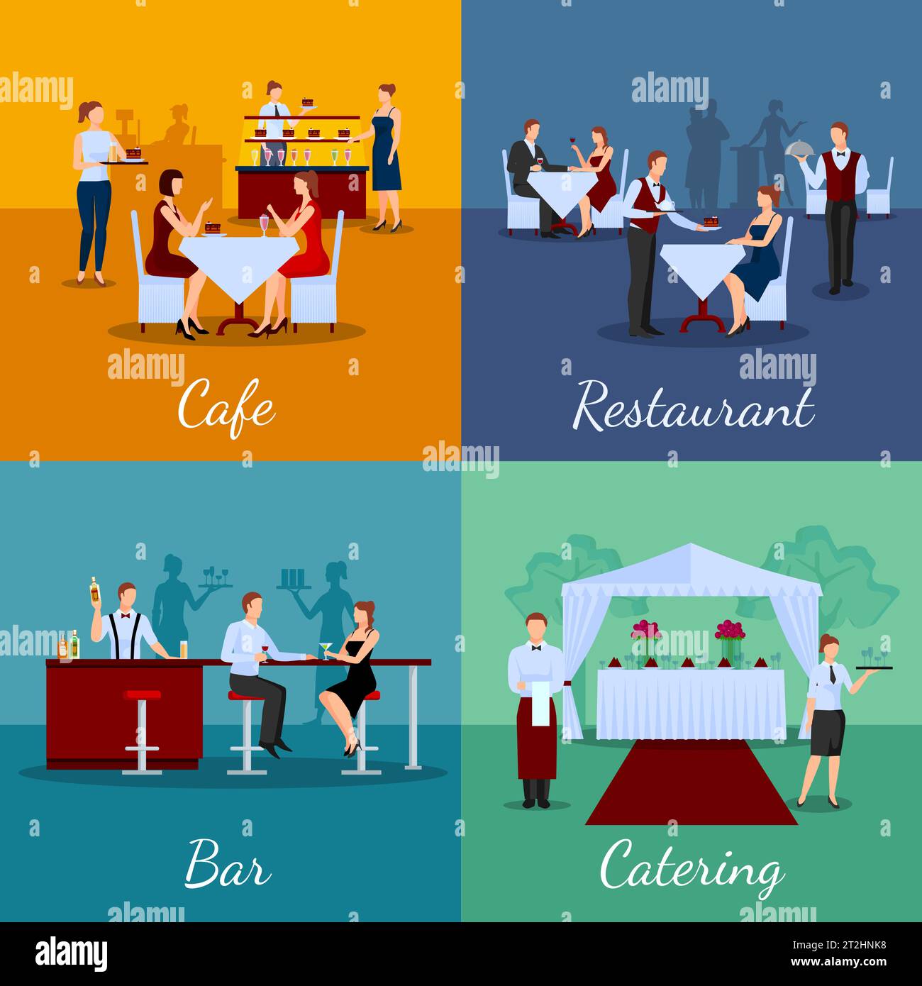 Icone di concetto di catering con simboli di bar e bar, illustrazione vettoriale isolata e piatta Illustrazione Vettoriale