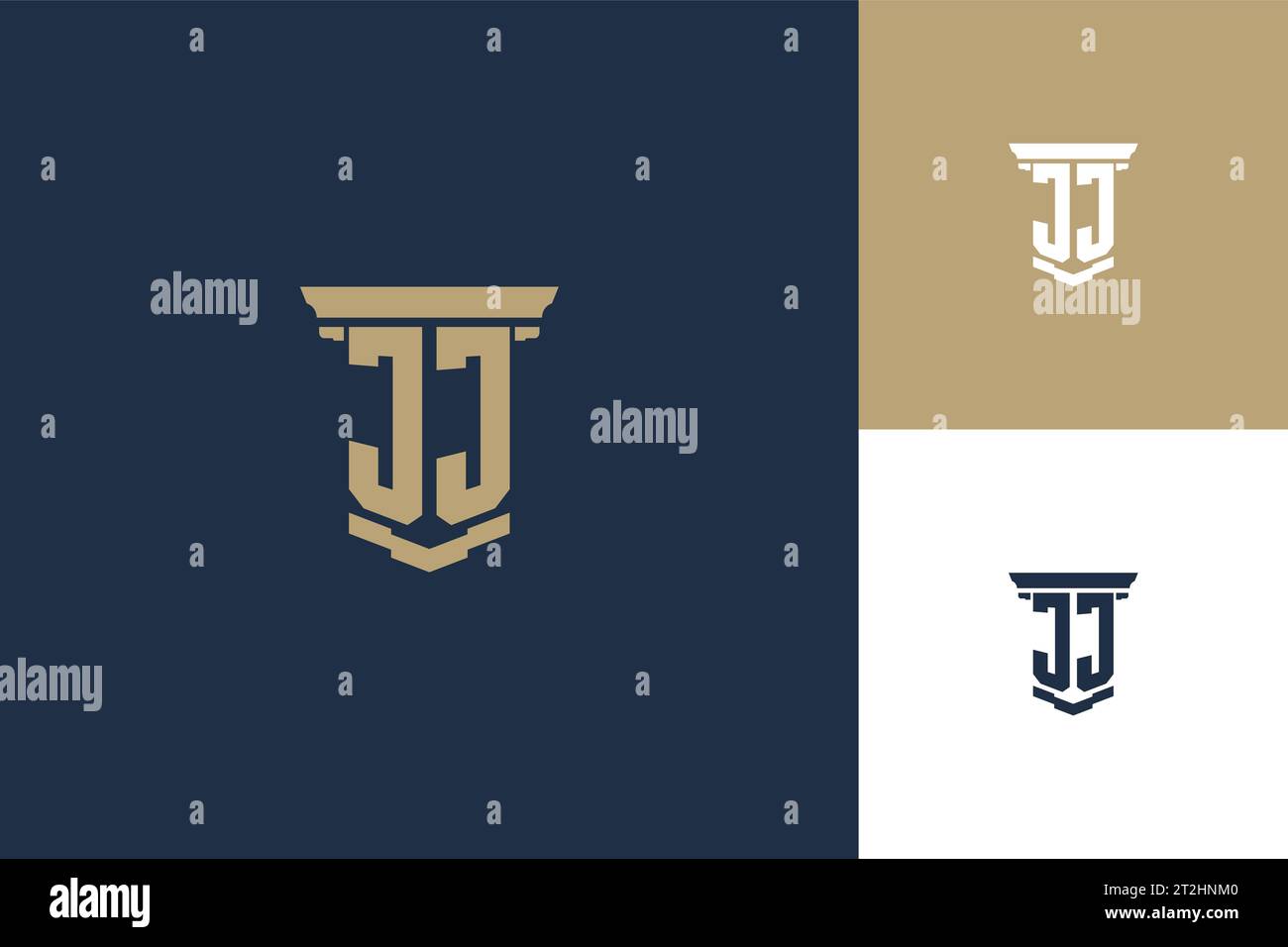 Logo con iniziali monogramma JJ con icona a colonna. Ispirazione per il design del logo della legge legale Illustrazione Vettoriale