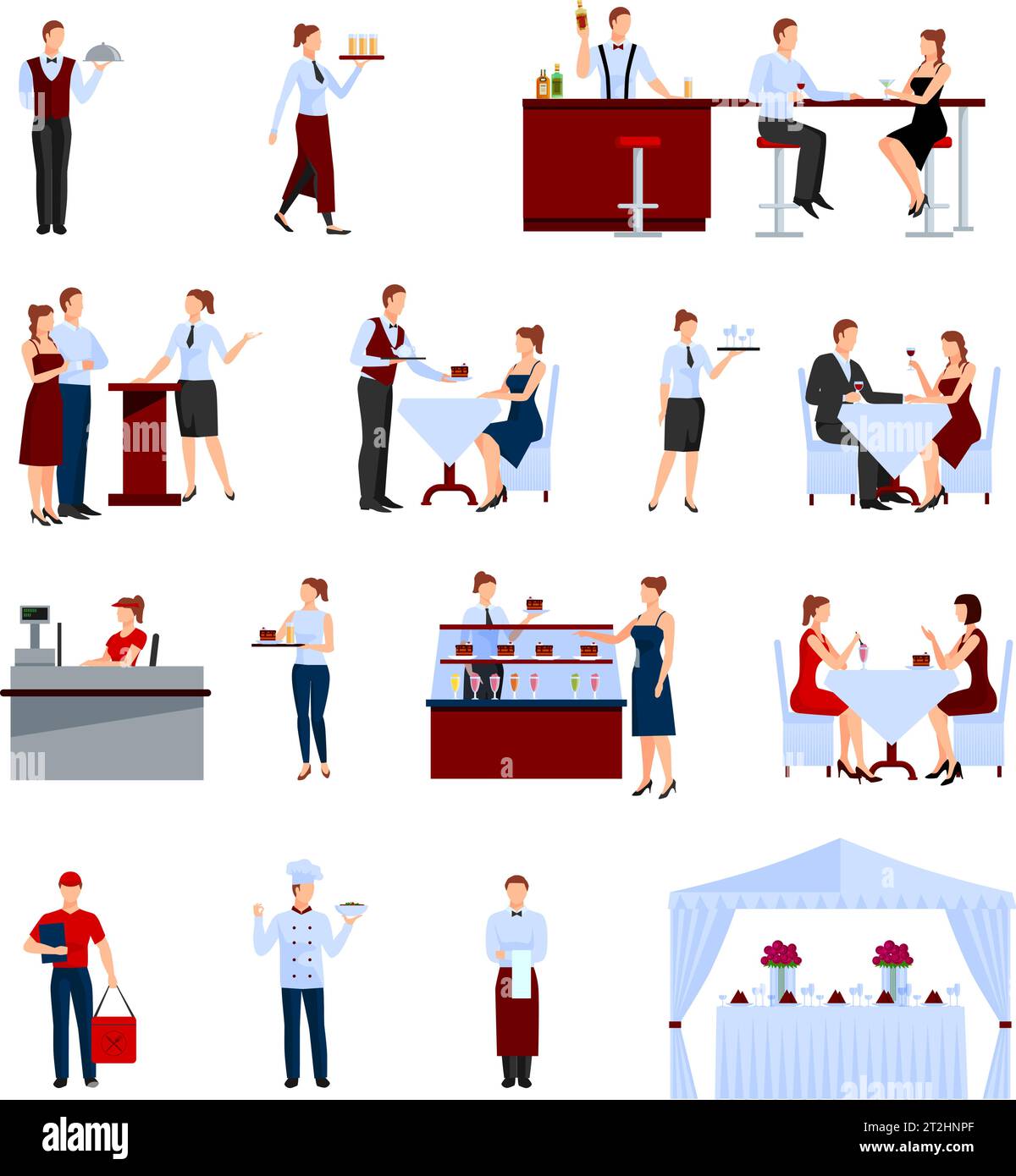 Catering nel ristorante icone set con tavoli e camerieri isolato piano illustrazione vettoriale Illustrazione Vettoriale
