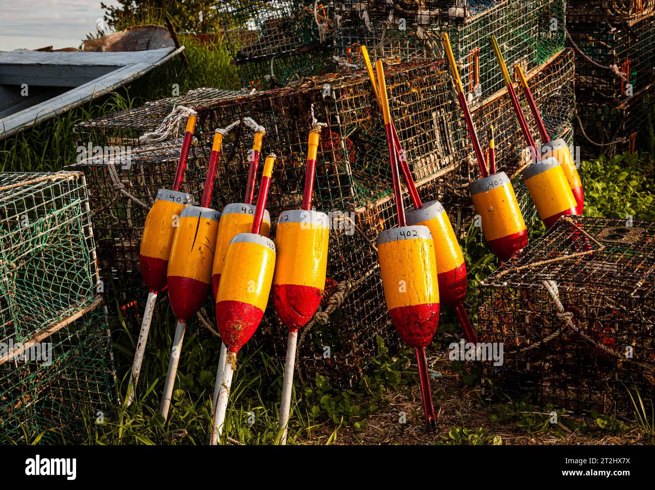 I marcatori di aragosta   Sgombro Cove, Maine, Stati Uniti d'America Foto Stock