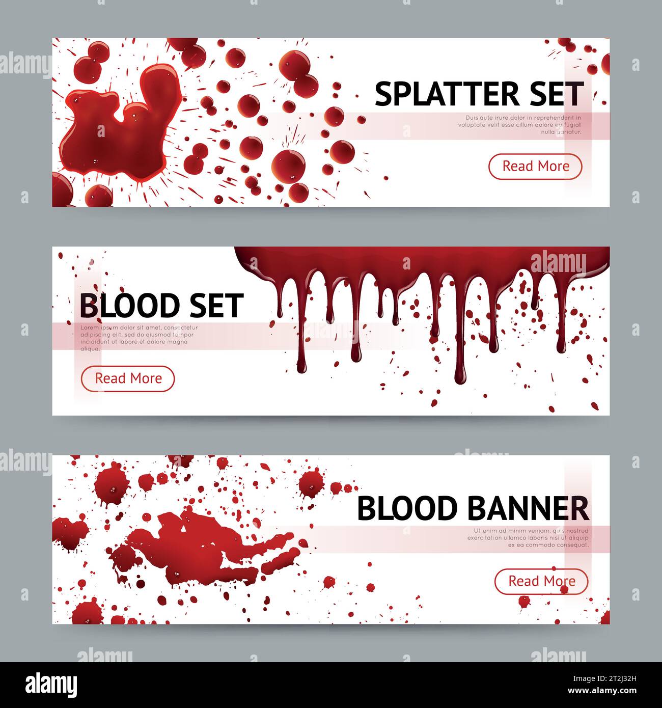 Spargimenti di sangue imposta realistico 3 banner orizzontali pagina web design con per saperne di più pulsante grigio sfondo isolato vettore illustrazione Illustrazione Vettoriale