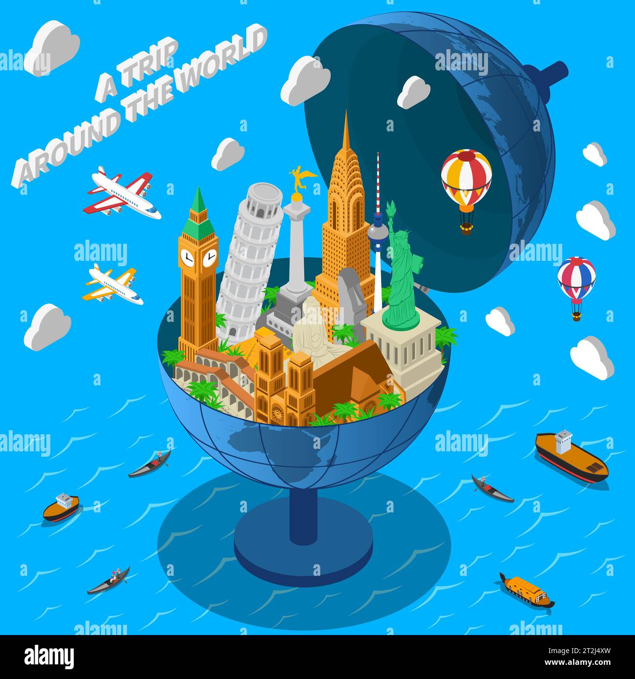 Poster pubblicitario isometrico di società di viaggi internazionali con punti di riferimento di fama mondiale in globo terrestre composizione illustrazione vettoriale astratta Illustrazione Vettoriale