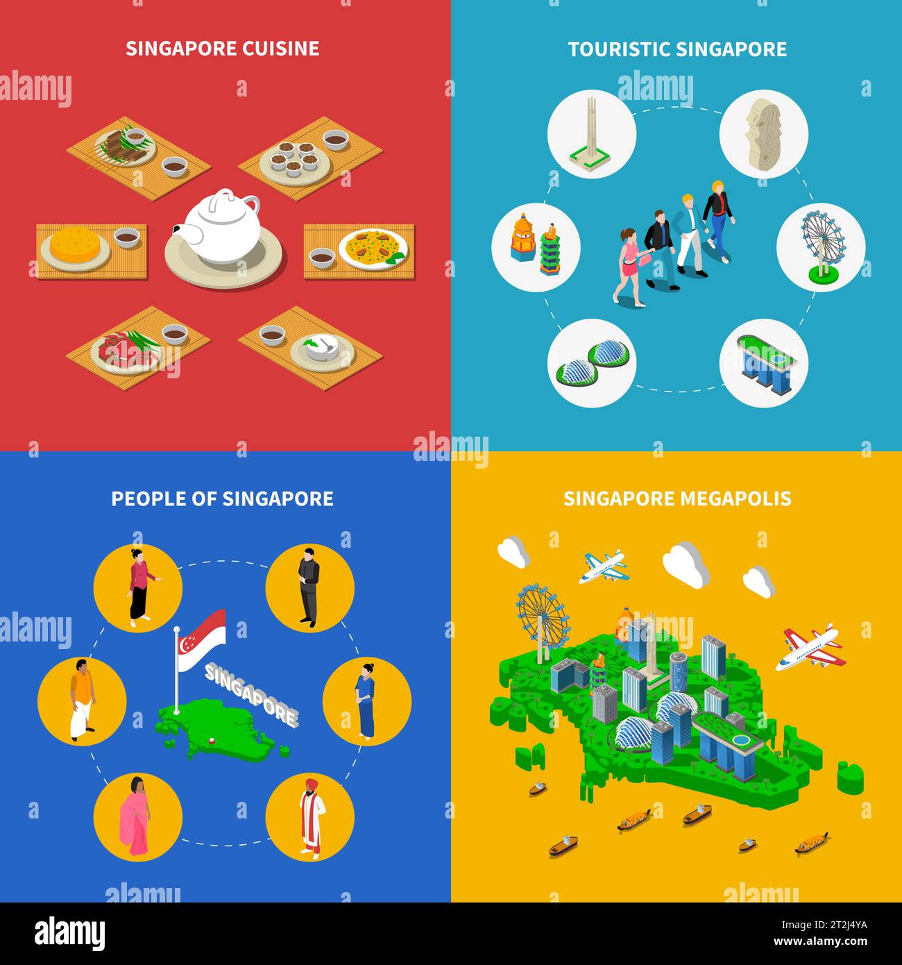 Mappa di Singapore con le attrazioni turistiche megapoli paesaggio urbano e cucina nazionale 4 icone isometriche poster astratto vettore illustrazione isolata Illustrazione Vettoriale