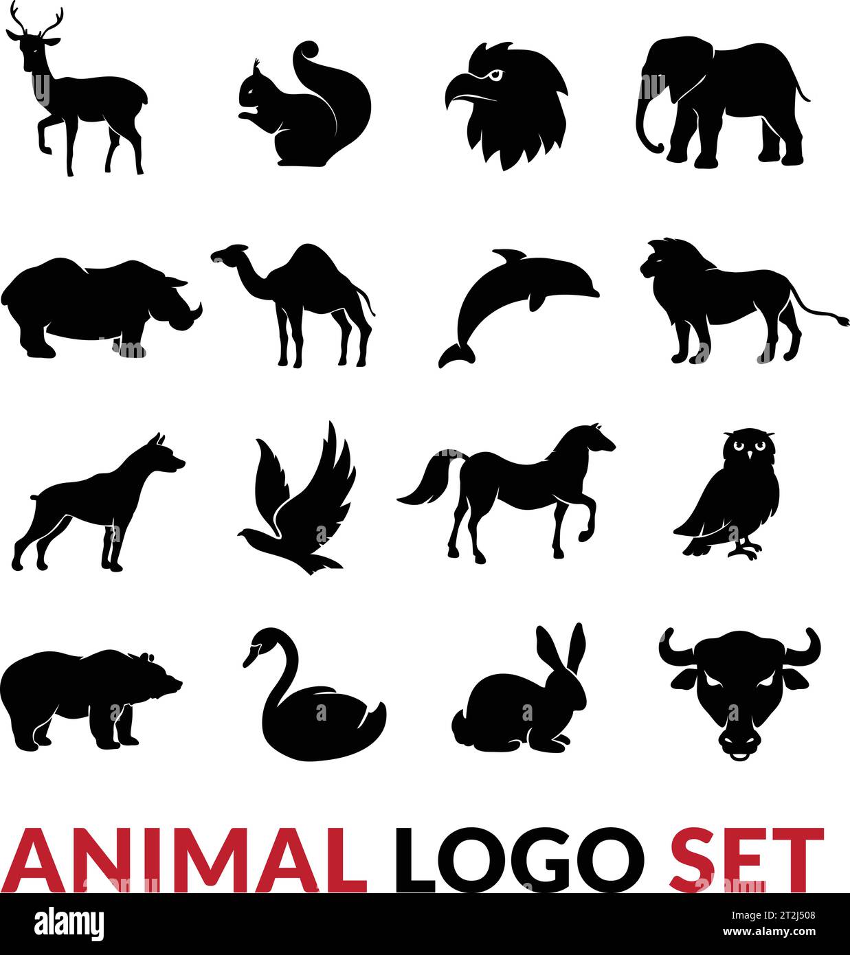 Wild Animals silhouette nere icone con logo insieme con scoiattolo di cigno di elefante di leone e vettore di cammello illustrazione isolata Illustrazione Vettoriale