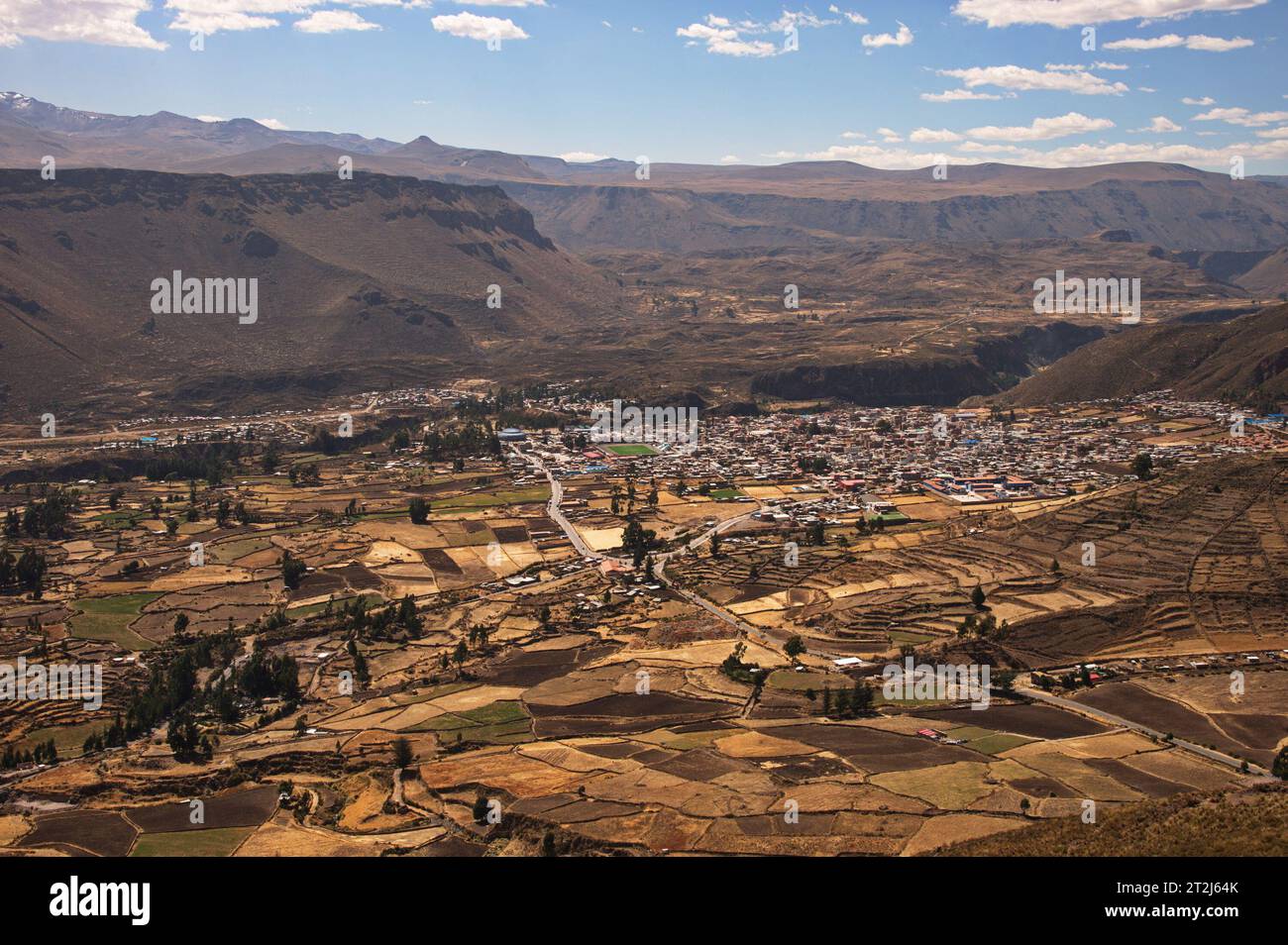 Vista panoramica della valle di Chivay, Perù Foto Stock