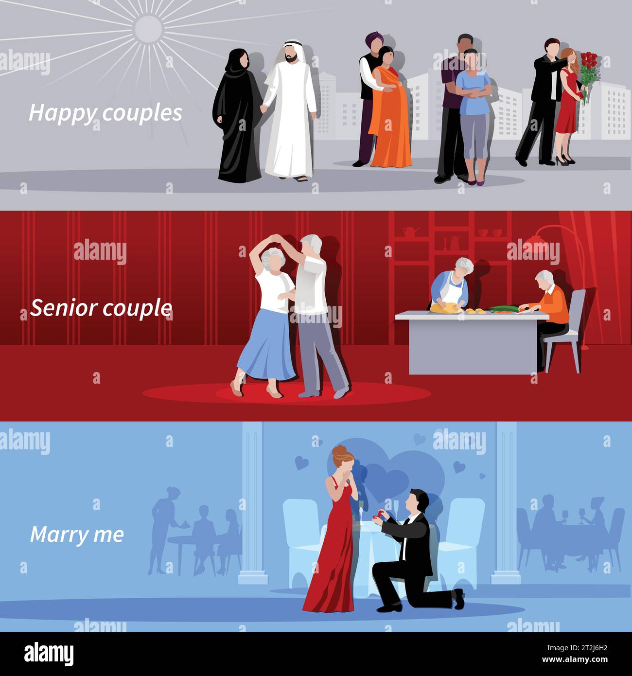 Coppie felici orizzontali persone di diverse età e nazionalità interni ed esterni banner isolati piatti illustrazione vettoriale Illustrazione Vettoriale