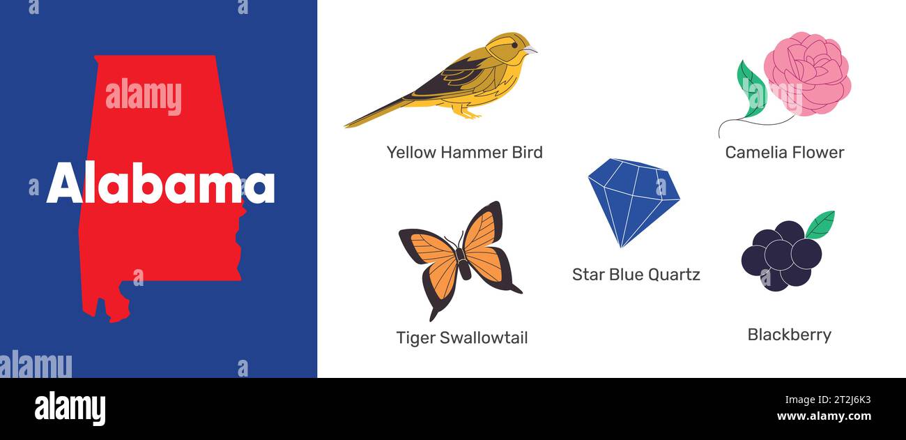 Set di icone Alabama con simbolo degli stati uniti martello giallo farfalla di uccello fiore di camelia illustrazione di mora Illustrazione Vettoriale