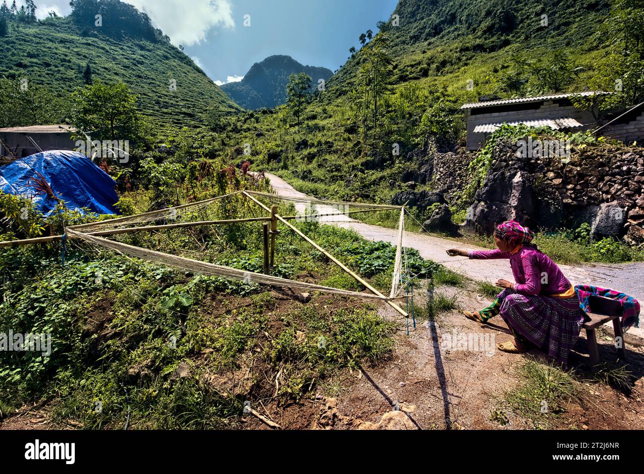 Flower Hmong donna che filava fibre di lino, ma Pi Leng, ha Giang, Vietnam Foto Stock