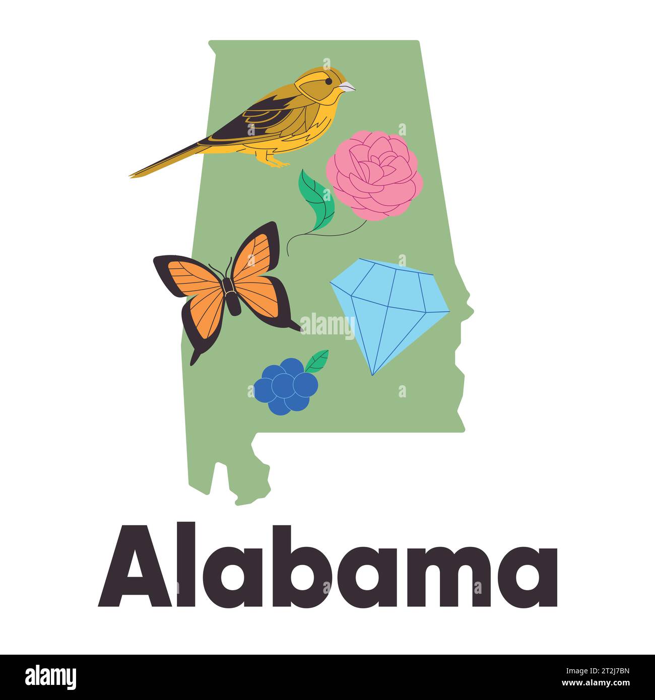 Icona della mappa dell'Alabama simbolo degli stati uniti martello giallo farfalla uccello fiore camelia illustrazione blackberry Illustrazione Vettoriale