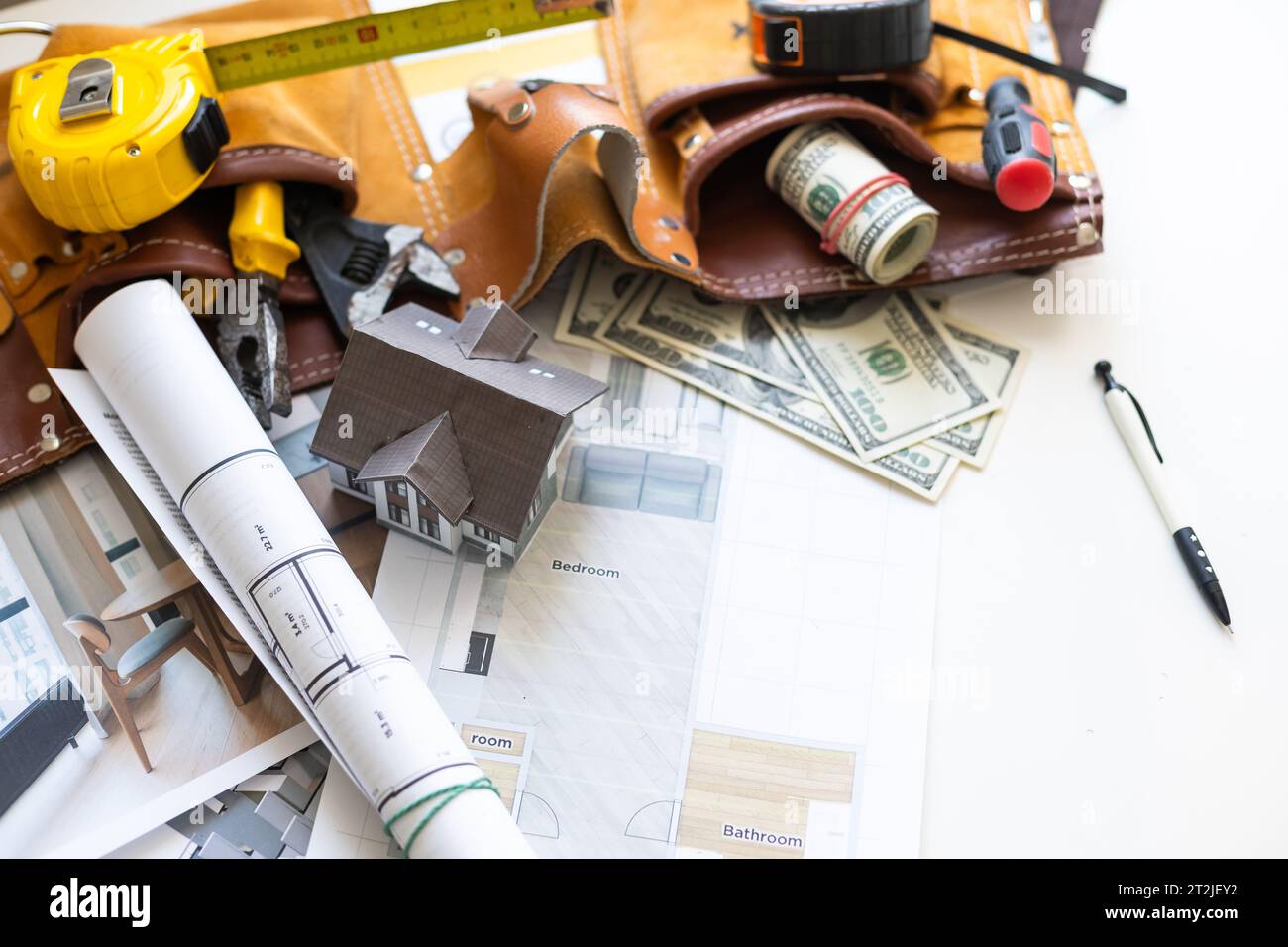 Schema tecnico BluePrint carta disegno progetto disegno disegno disegno disegno architettura. Disegno industriale dettaglio e diversi strumenti di disegno Foto Stock