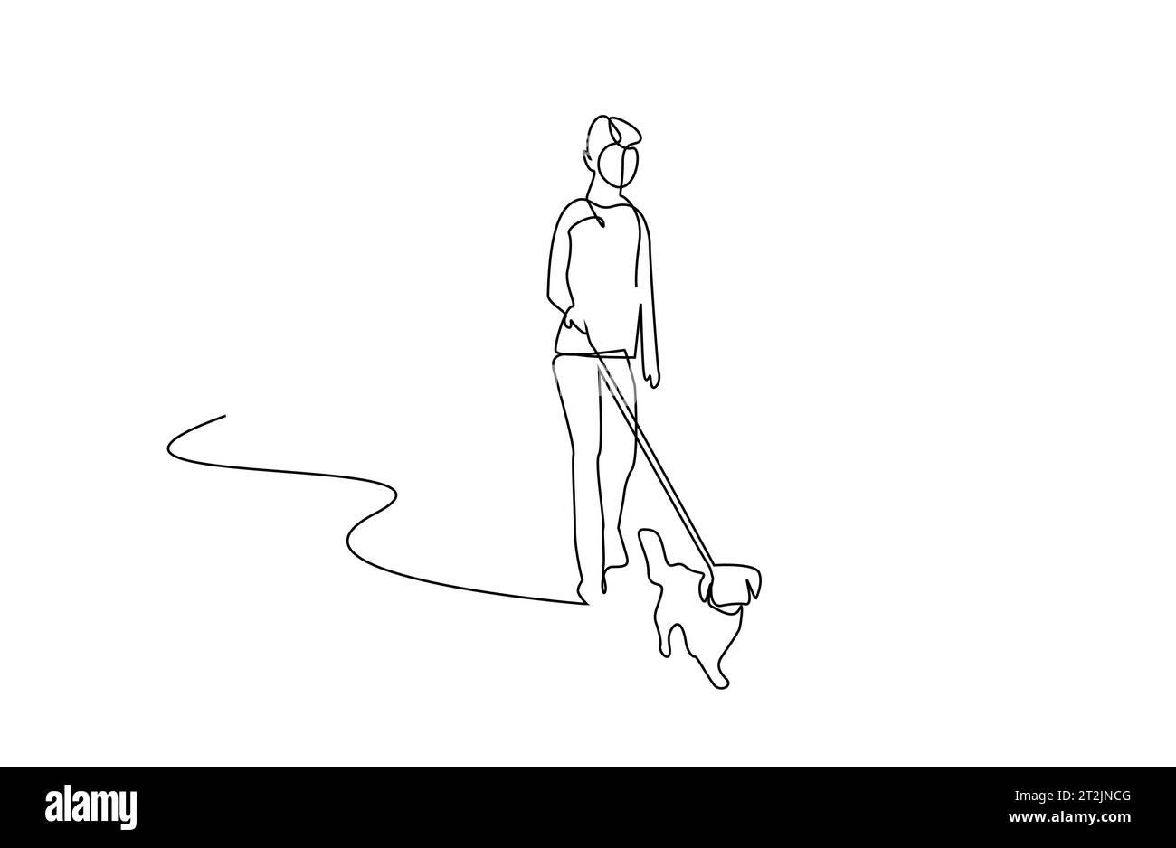 giovane ragazza che cammina il suo cane nel design artistico della linea del parco Illustrazione Vettoriale