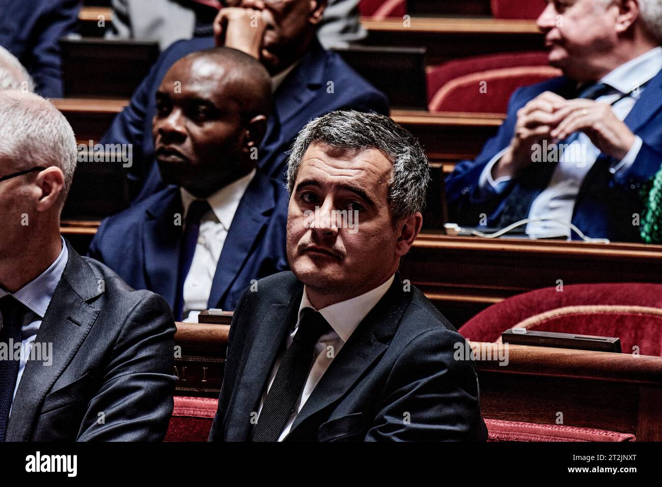 Parigi, Francia. 18 ottobre 2023. Antonin Burat/le Pictorium - sessione di interrogazioni al governo del 18 ottobre 2023 al Senato francese - 18/10/2023 - Francia/Ile-de-France (regione)/Parigi - Ministro degli interni Gerald Darmanin, durante la sessione di interrogazioni al governo del 18 ottobre 2023, al Senato francese. Crediti: LE PICTORIUM/Alamy Live News Foto Stock