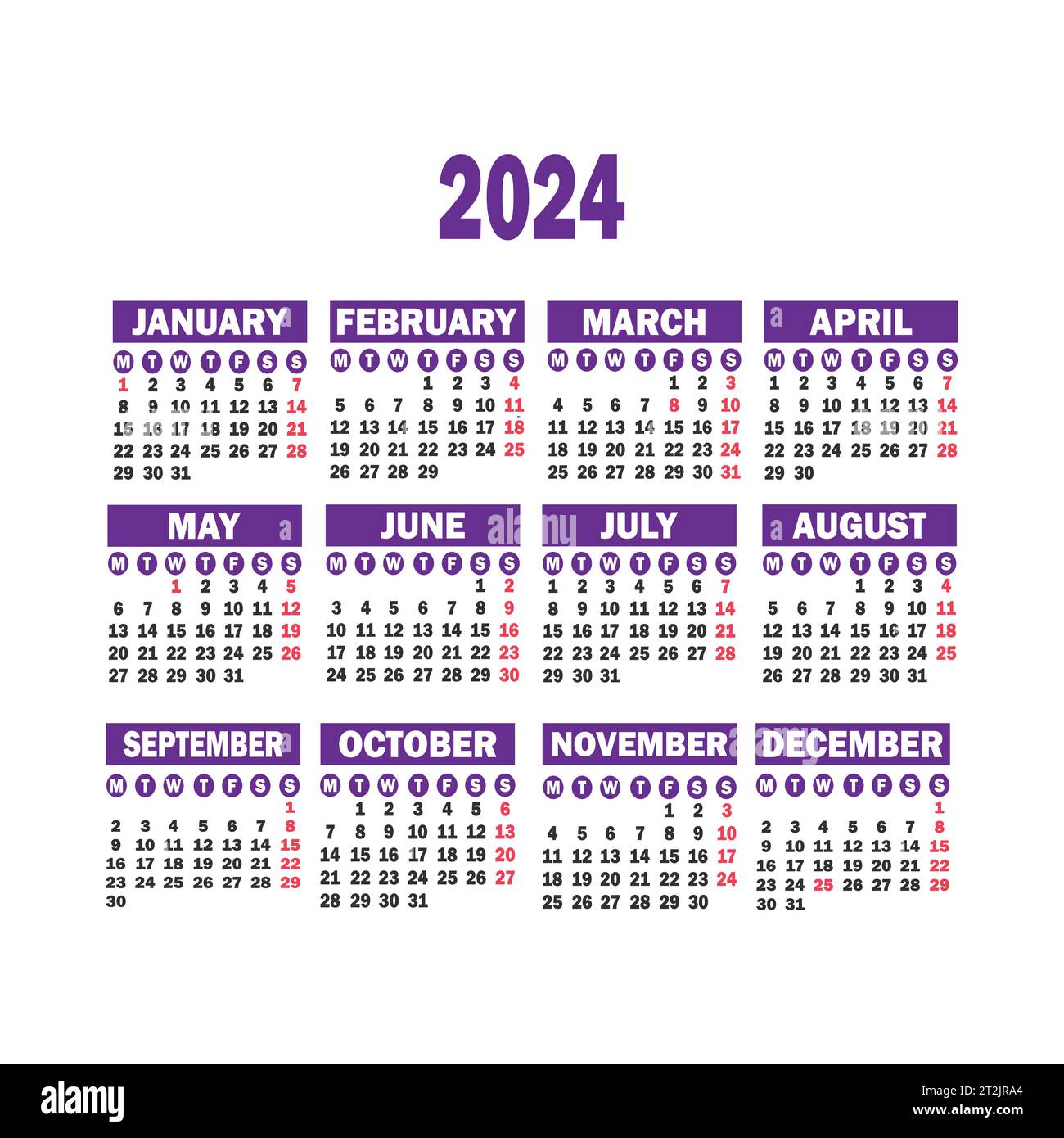 Calendario semplice per 2024 anni. La settimana inizia da lunedì. Illustrazione vettoriale Illustrazione Vettoriale