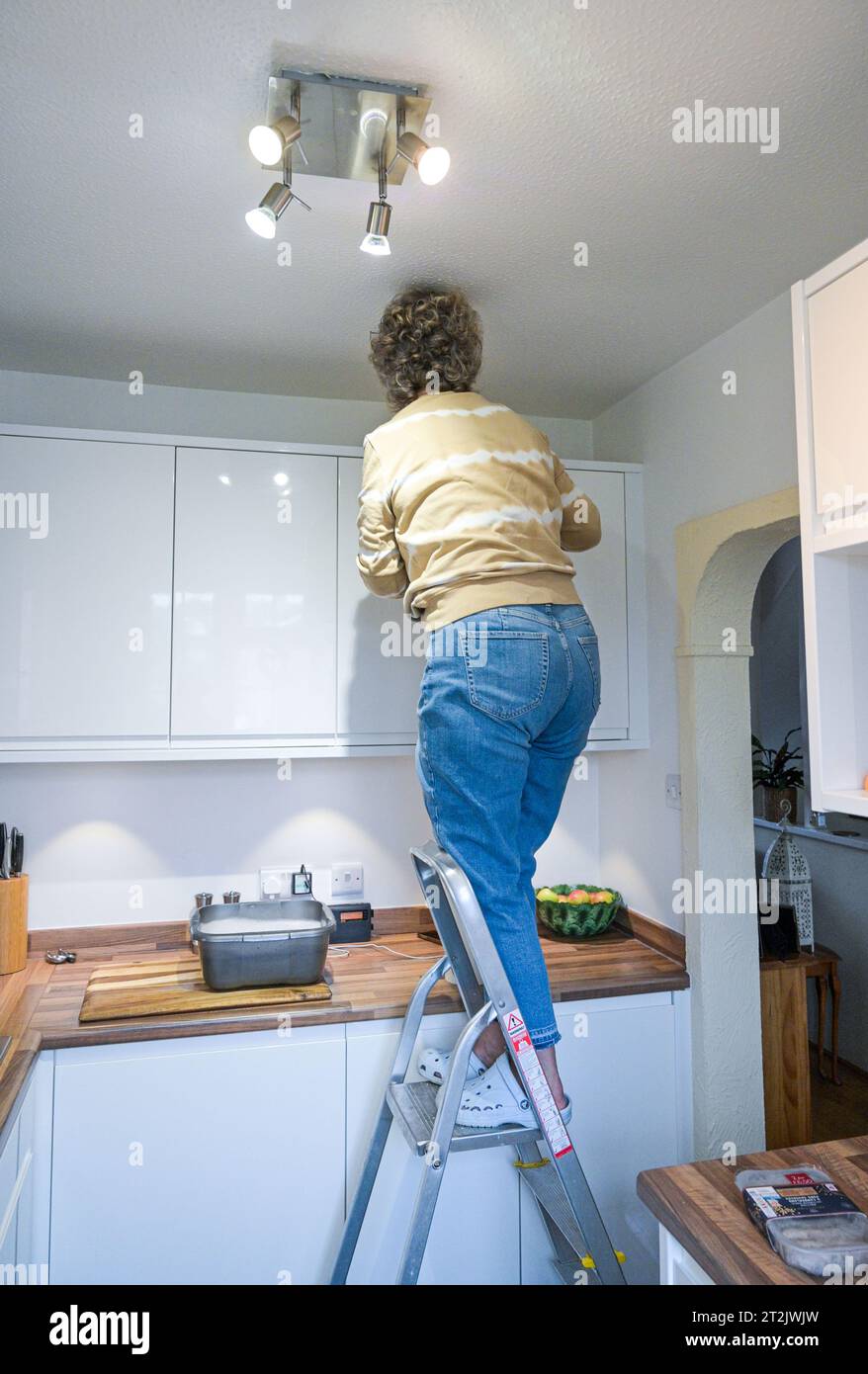 Donna di mezza età su una scala che pulisce i suoi armadietti della cucina con una ciotola di acqua saponata Foto Stock