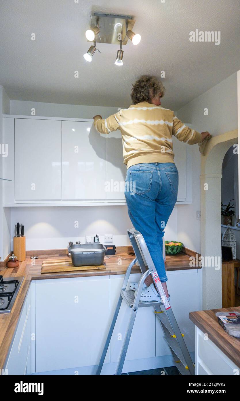 Donna di mezza età su una scala che pulisce i suoi armadietti della cucina con una ciotola di acqua saponata Foto Stock