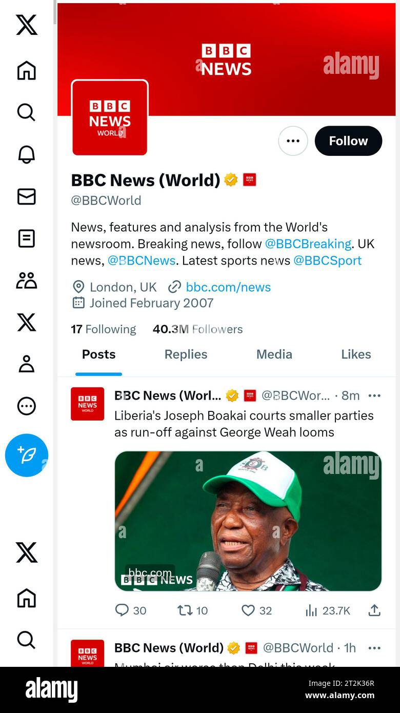 'X' - precedentemente Twitter - pagina (ottobre 2023) di BBC World News Foto Stock