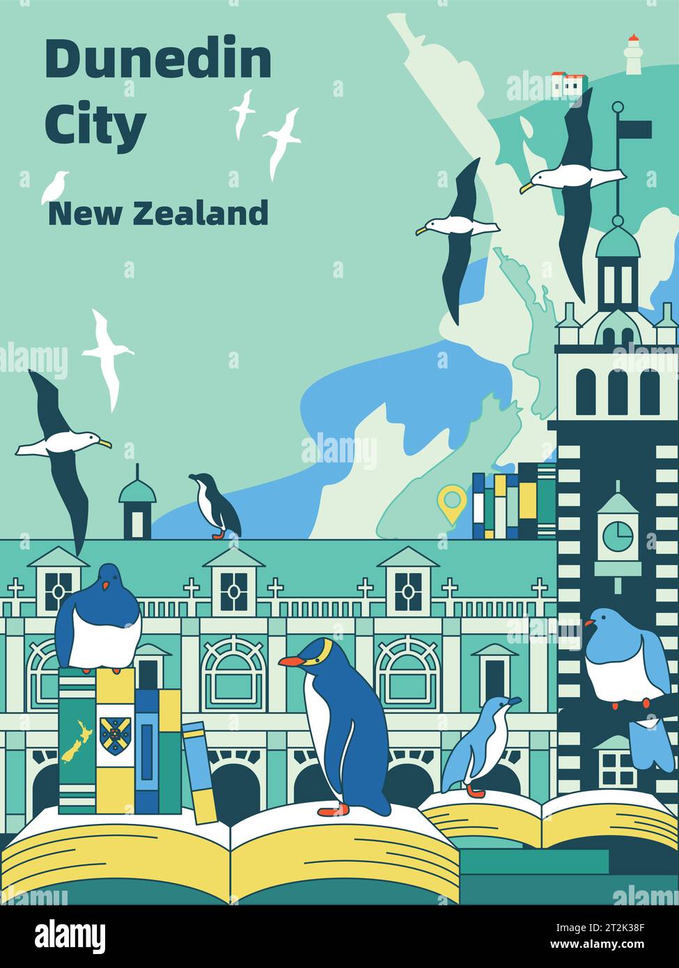 Poster di viaggio di Dunedin, nuova Zelanda. Esplora la fauna selvatica, l'iconica stazione ferroviaria e il faro di Taiaroa Head Illustrazione Vettoriale