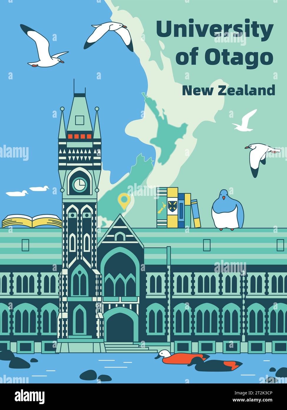 Poster di viaggio dell'Università di Otago a Dunedin, nuova Zelanda. Un viaggio attraverso la fauna selvatica, la torre dell'orologio e il fiume che scorre Illustrazione Vettoriale