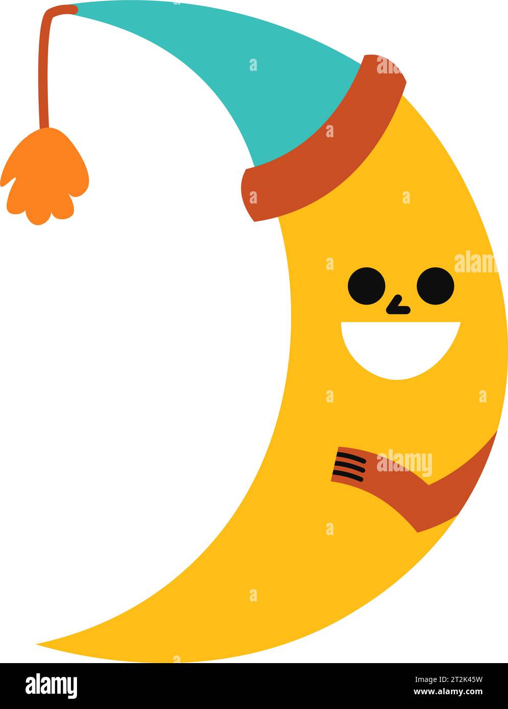 Personaggio della luna a mezzaluna con volto sorridente, vettore Illustrazione Vettoriale