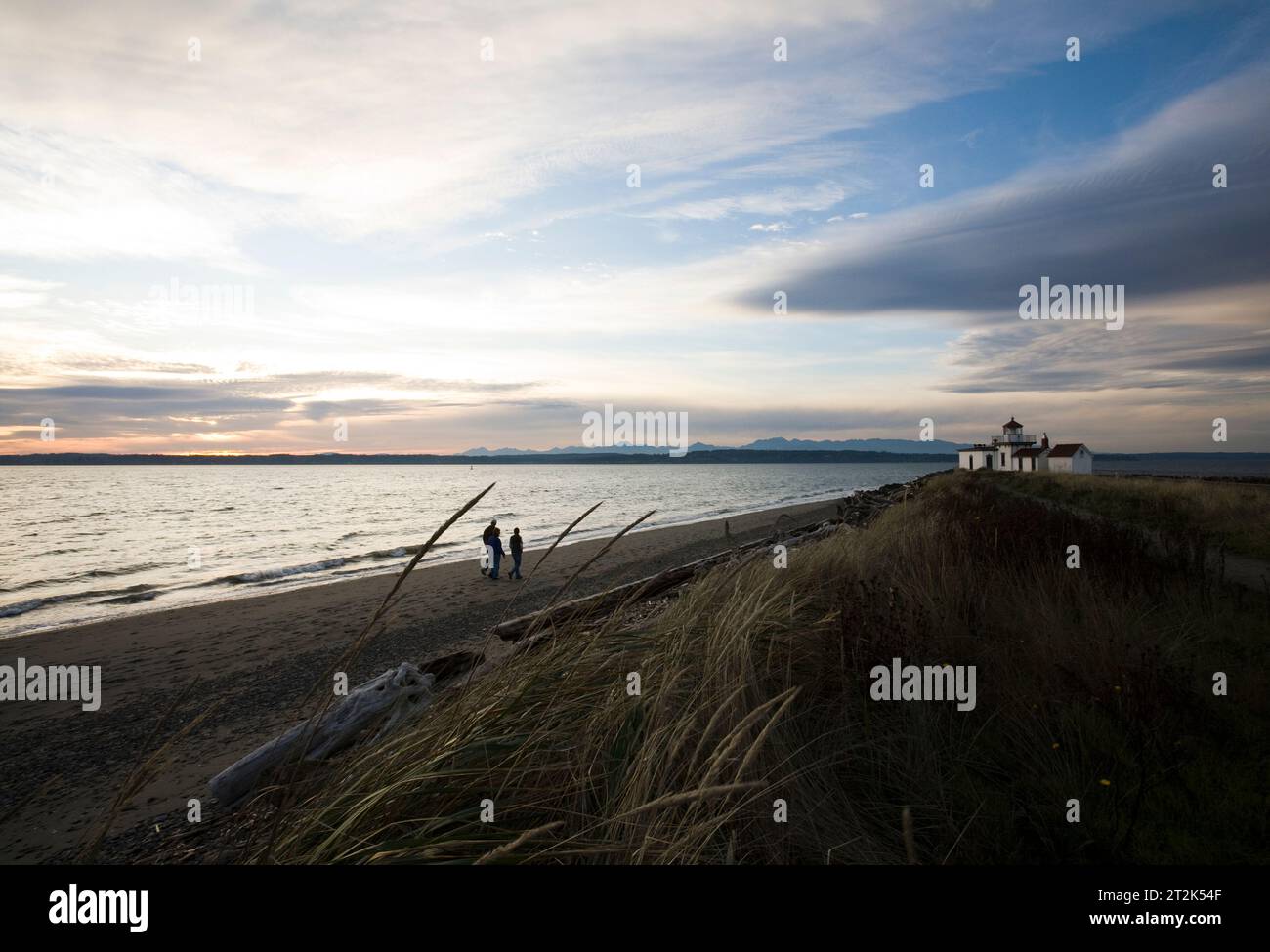 Il faro al Discovery Park al tramonto. Foto Stock