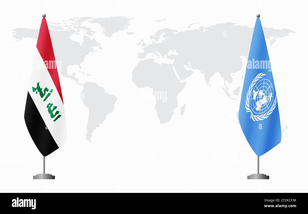 Iraq e Nazioni Unite bandiere per un incontro ufficiale sullo sfondo della mappa mondiale. Illustrazione Vettoriale