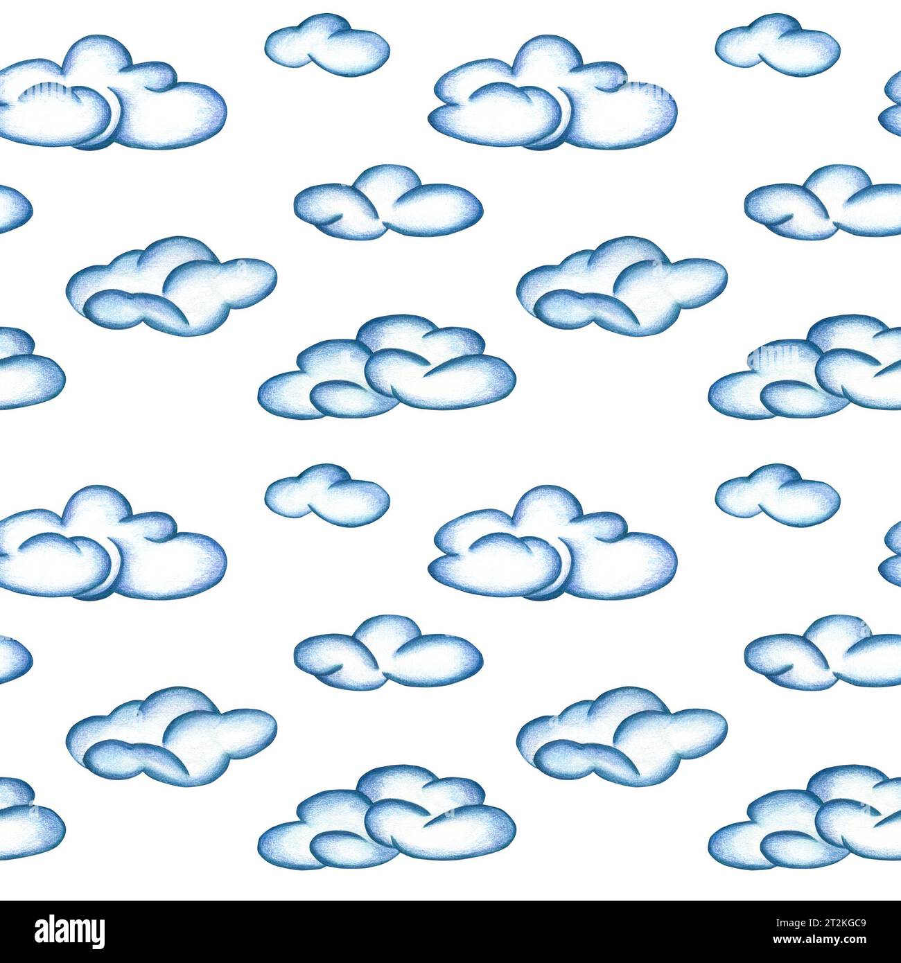 Motivo senza cuciture di nuvole blu di diverse dimensioni su sfondo bianco. Illustrazione acquerello. Modello per la progettazione di cartoline, inviti, Foto Stock