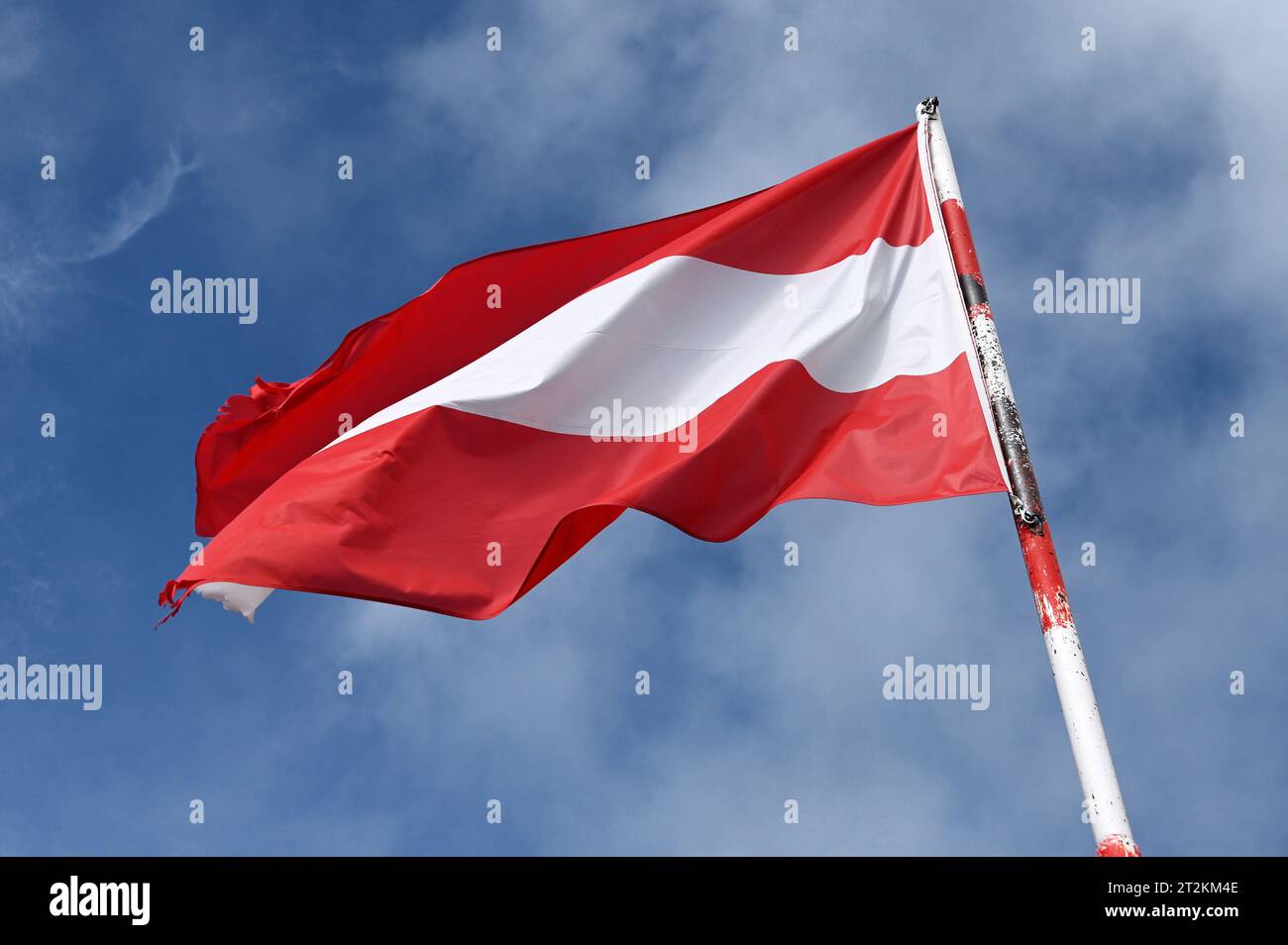 Österreichische Fahne vor blauem Himmel. *** Bandiera austriaca contro il cielo blu Foto Stock