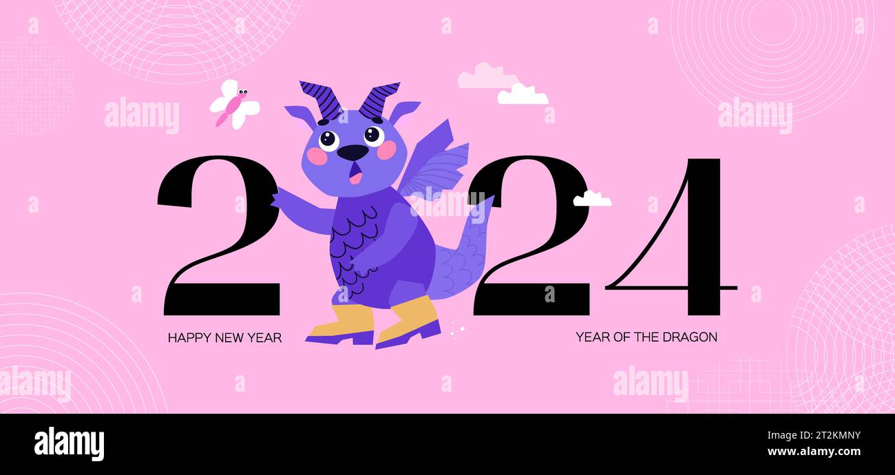 Felice anno nuovo cinese 2024. L'anno del Drago. Concetto di celebrazione del nuovo anno lunare per biglietti di auguri. Drago con stivali di gomma che guardano una farfalla Illustrazione Vettoriale