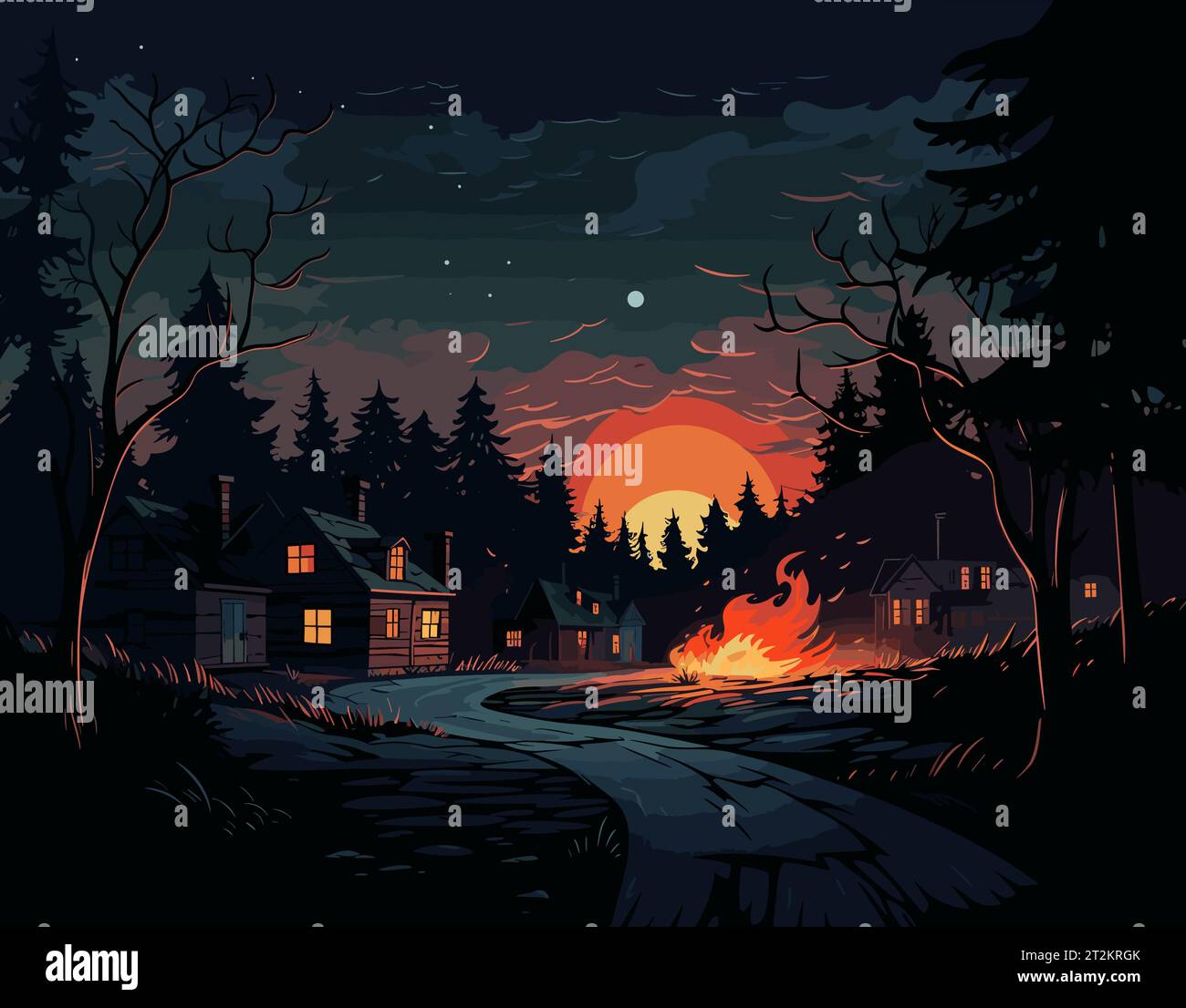 Burning House in Forest Illustrazione Vettoriale
