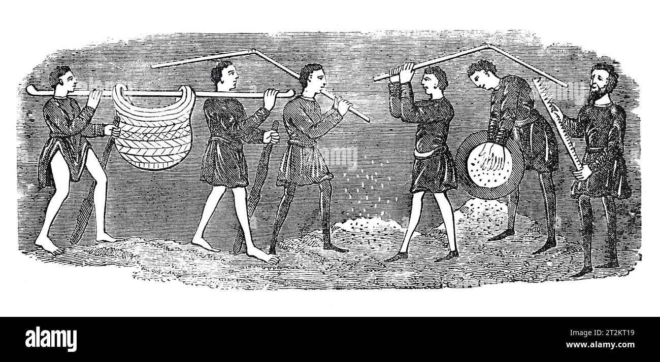 Trebbiatura e Winnowing Corn; Calendario anglosassone. Black and White Illustration from the 'Old England' pubblicato da James Sangster nel 1860. Foto Stock