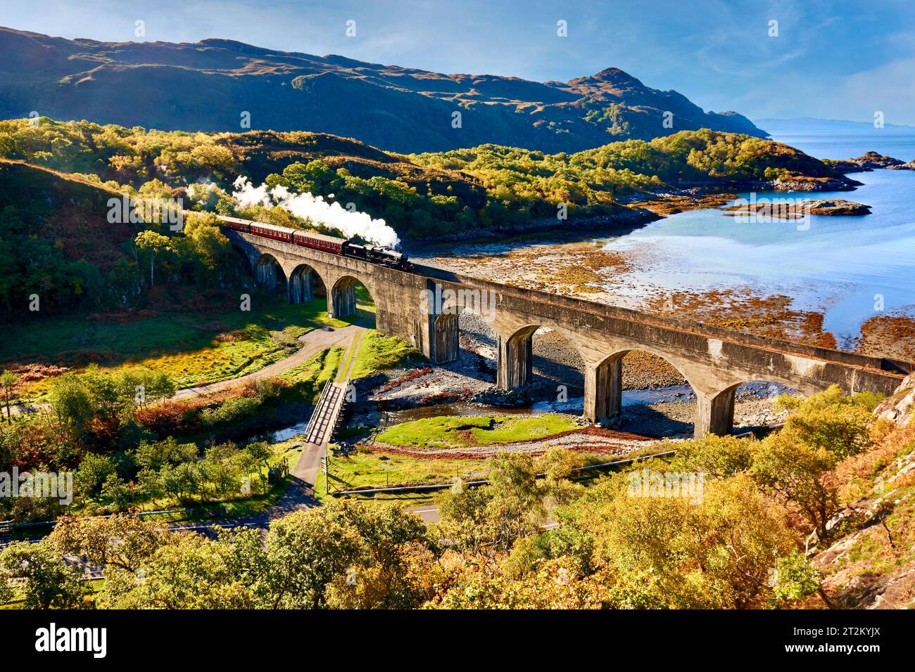 Treno a vapore giacobita e carrozze che attraversano il viadotto a 8 archi nan Uamh West Coast Scozia in autunno Foto Stock